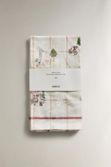 PACK OF FLORAL COTTON TEA TOWELS (PACK OF 2) - Red by Zara