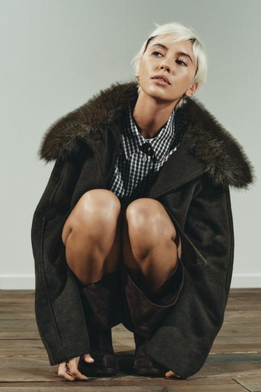 WOOL COAT WITH FAUX FUR COLLAR - Dark khaki by Zara - Image 2