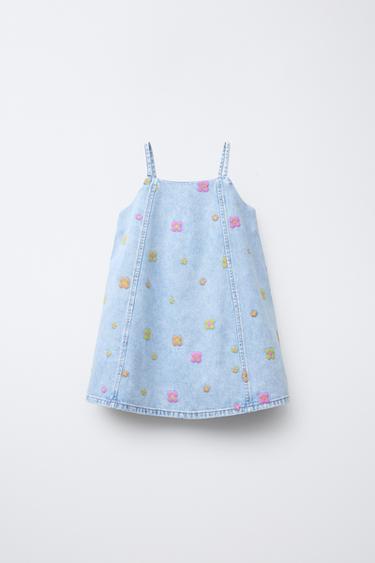VESTIDO DENIM COM FLORES BORDADAS - Azul-claro da Zara