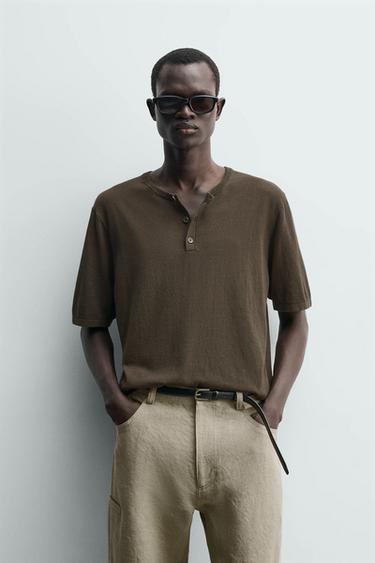 KNIT HENLEY T-SHIRT - Khaki by Zara
