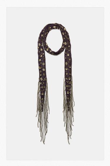 BEADED FRINGED SCARF - Khaki by Zara