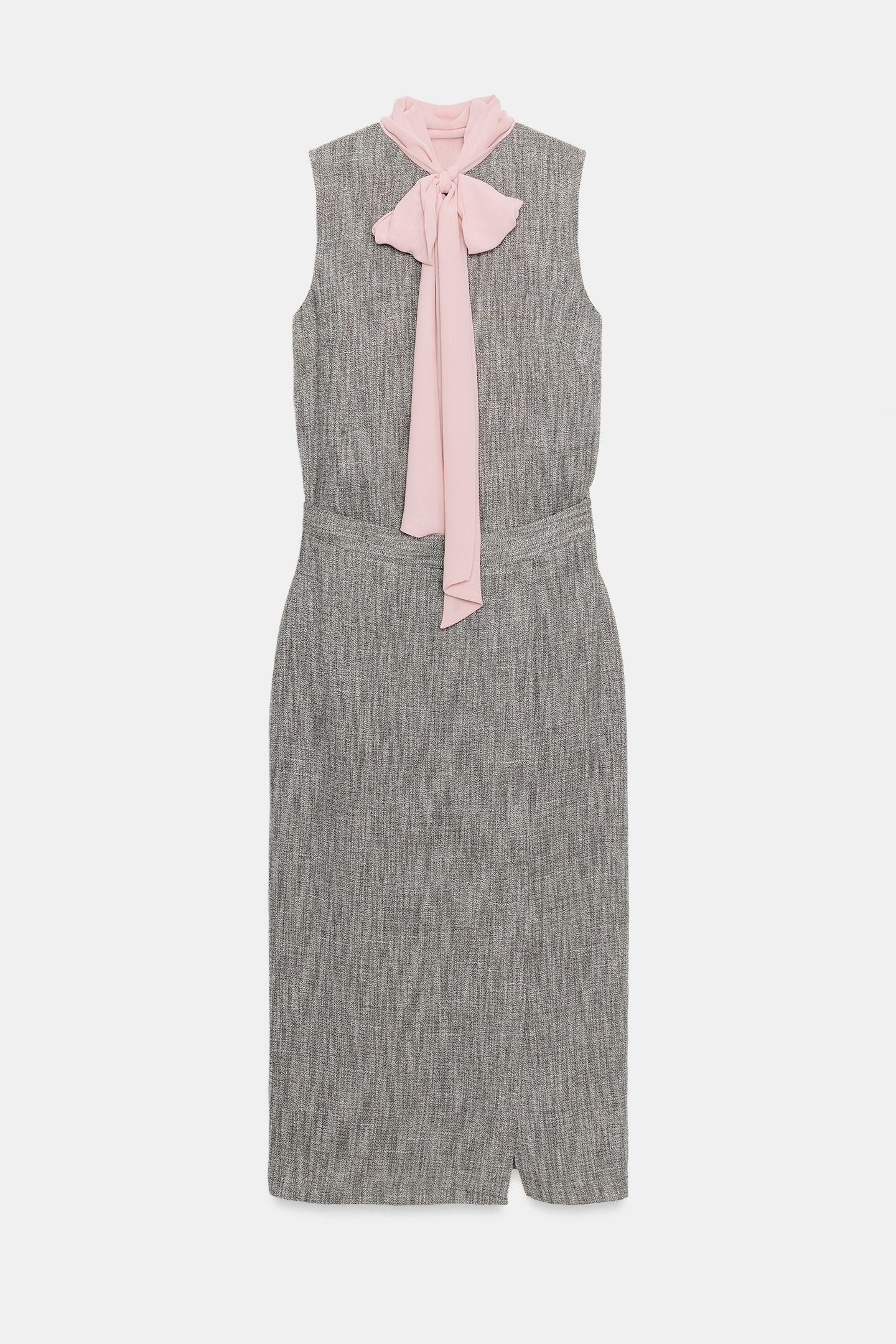 Женское платье Zara Contrasting Tie MIDI, цвет: Серый меланжевый — фото 7