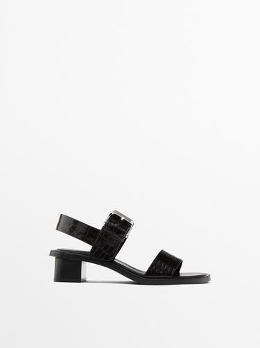 Zara Mock croc embossed heeled sandals - Brown - Image 0