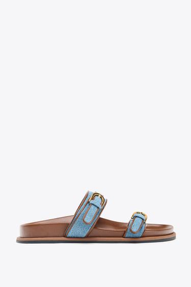 صندل مسطح بنسيج DENIM - أزرق جينز الخاص بـ Zara