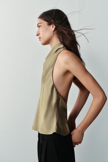 SATIN HALTER TOP - Light khaki by Zara