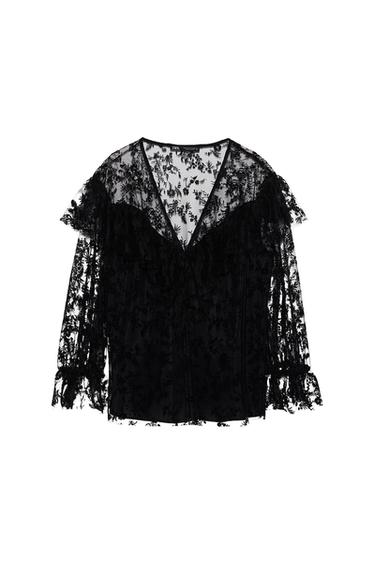 RUFFLED TULLE FLORAL BLOUSE