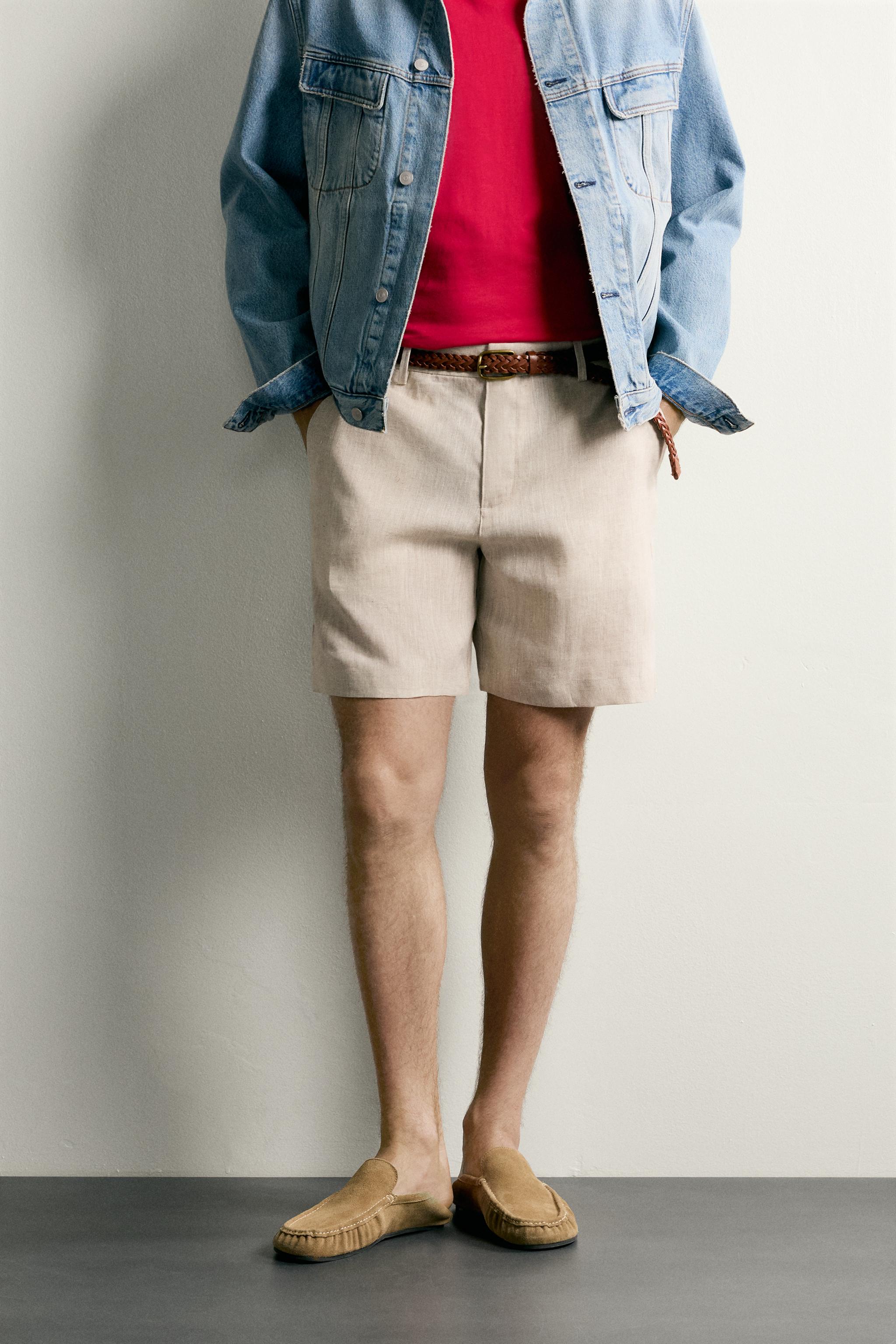 100% LINEN REGULAR FIT SHORTS — Light beige