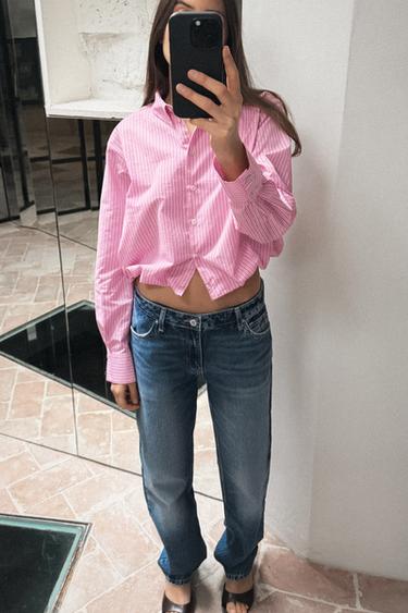 STRIPED POPLIN SHIRT WITH PUFF SLEEVES - Pink / White by Zara - Image 0