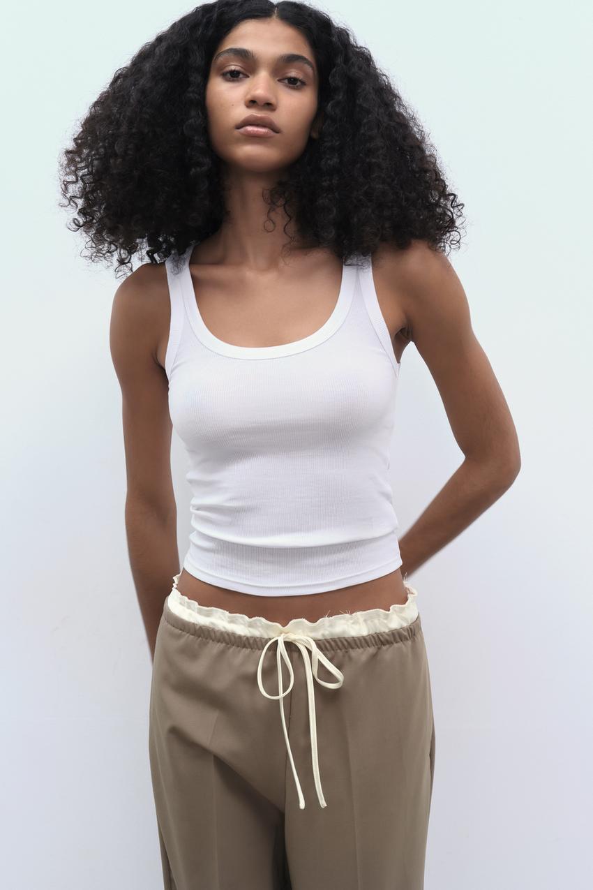 TROUSERS WITH SATIN WAIST - Light camel