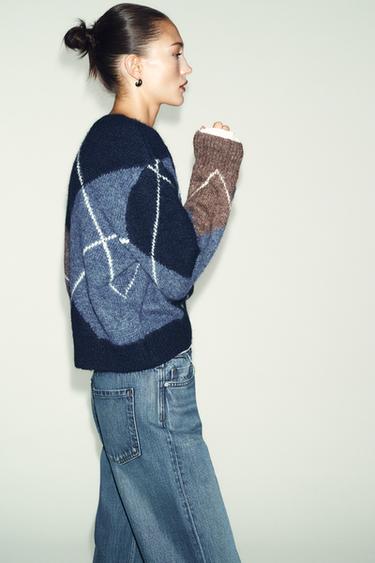 ARGYLE KNIT JUMPER - Navy blue by Zara