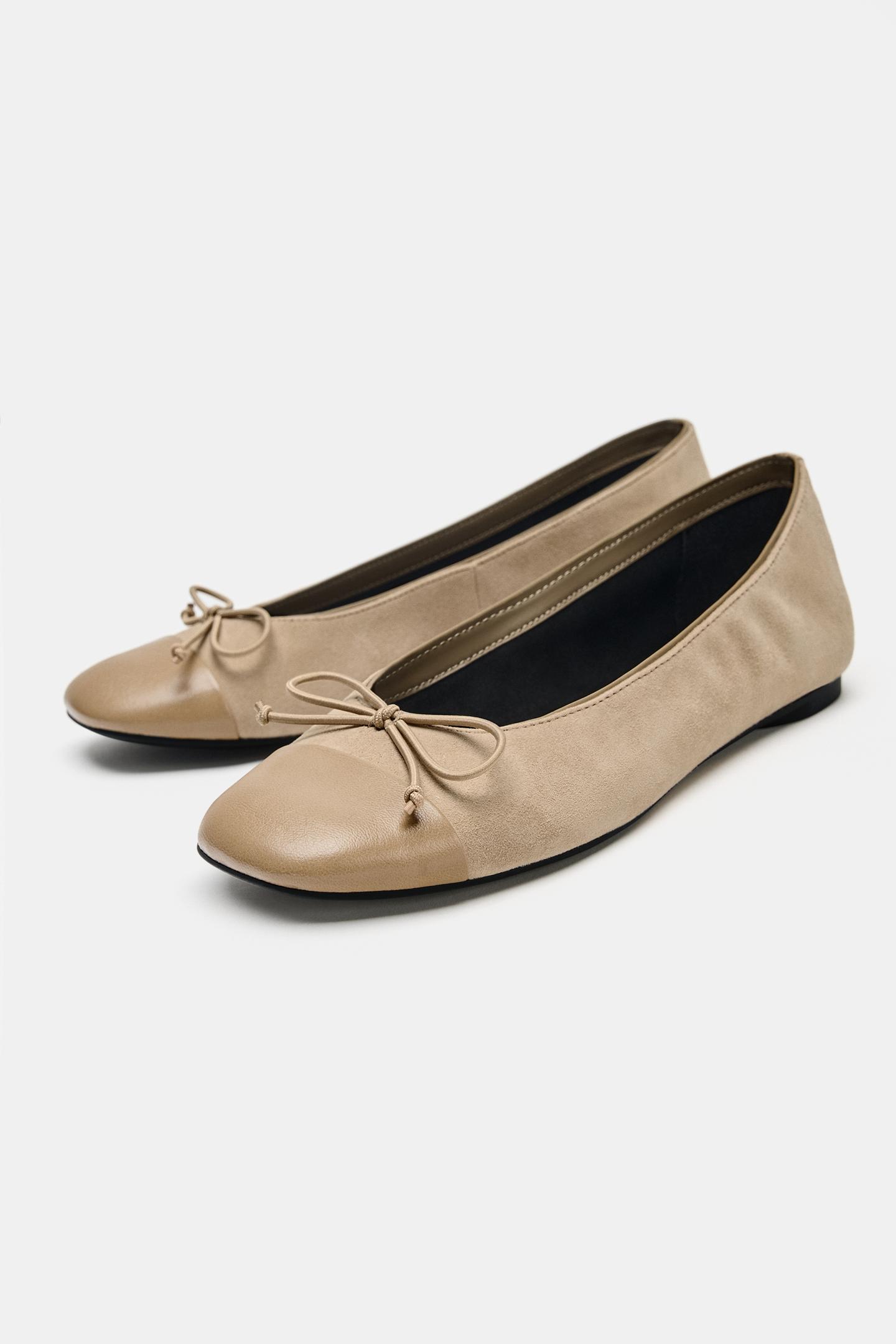 Женские балетки Zara Contrasting Leather Ballet Flats, цвет: Бежевый — фото 2