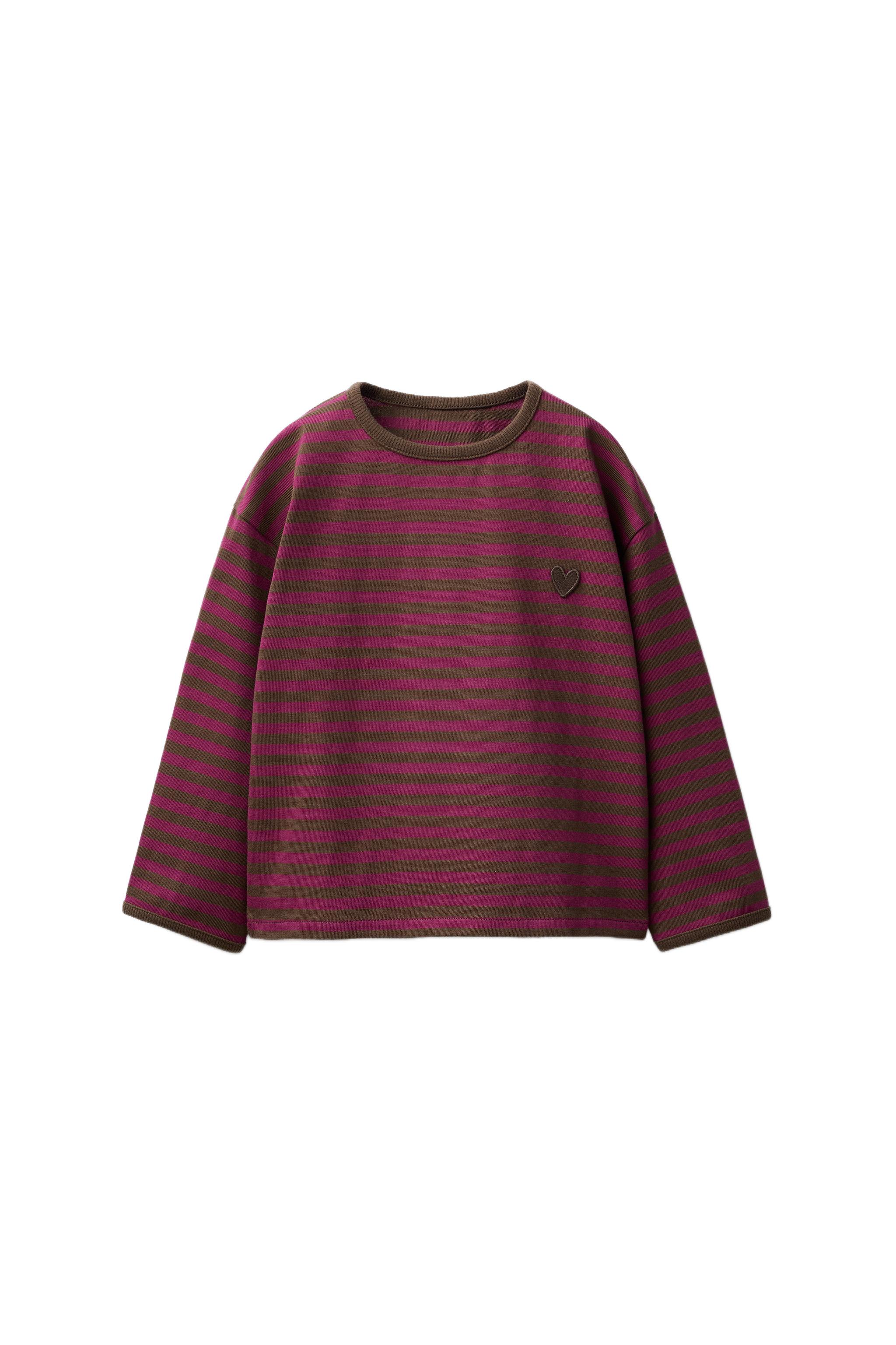 WOVEN STRIPE EMBROIDERED HEART T-SHIRT - Brown Stripes | ZARA
