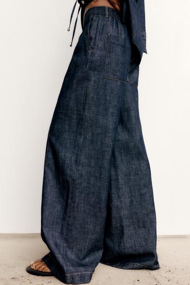 Zara WIDE LEG LINEN PANTS - Indigo