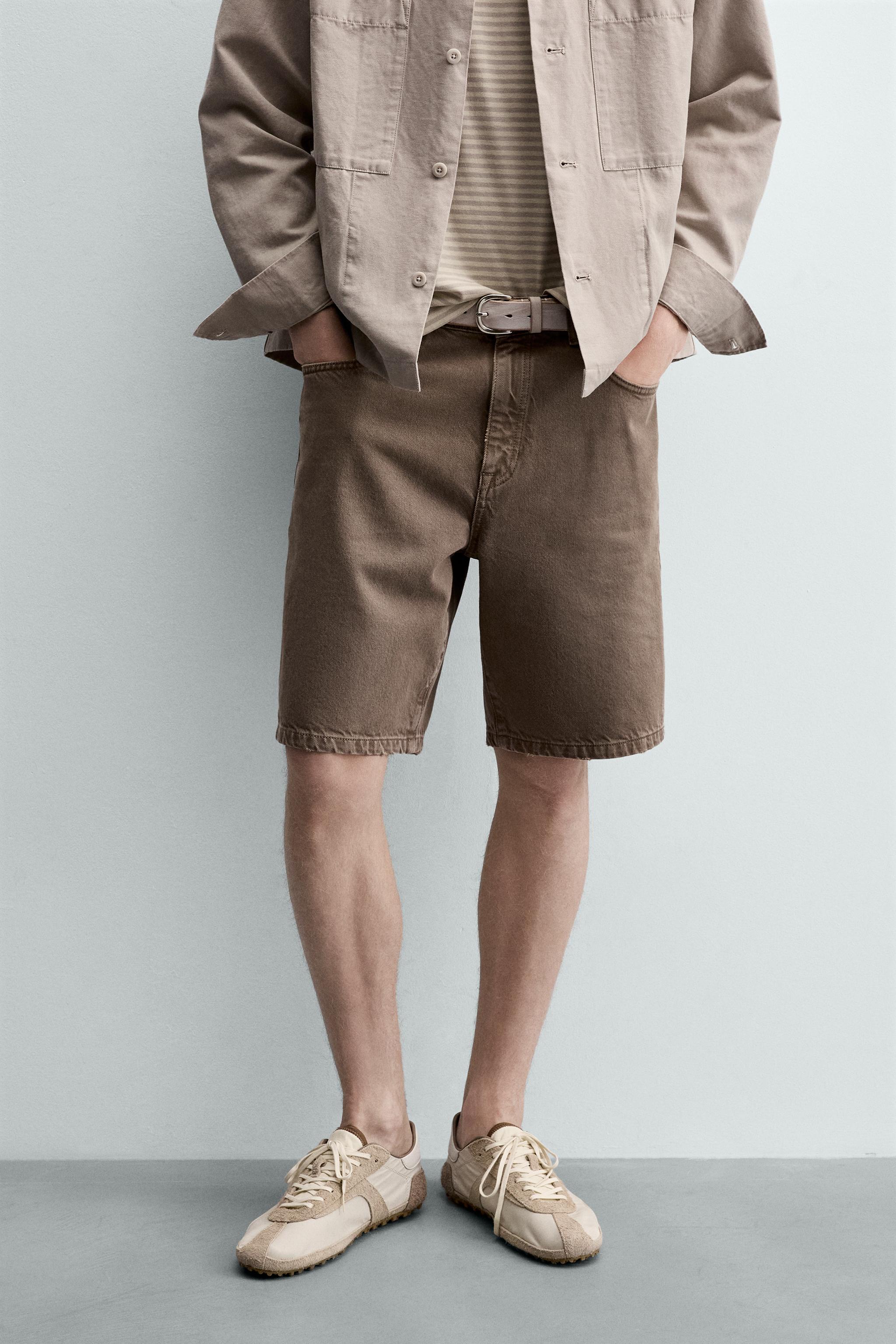 RELAXED FIT DENIM SHORTS — Brown