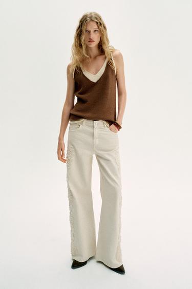Zara COMBINATION KNIT TOP - Brown / Ecru