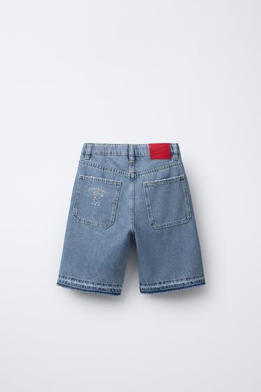 EMBROIDERED FRAYED DENIM BERMUDA SHORTS - Mid-blue by Zara - Image 1