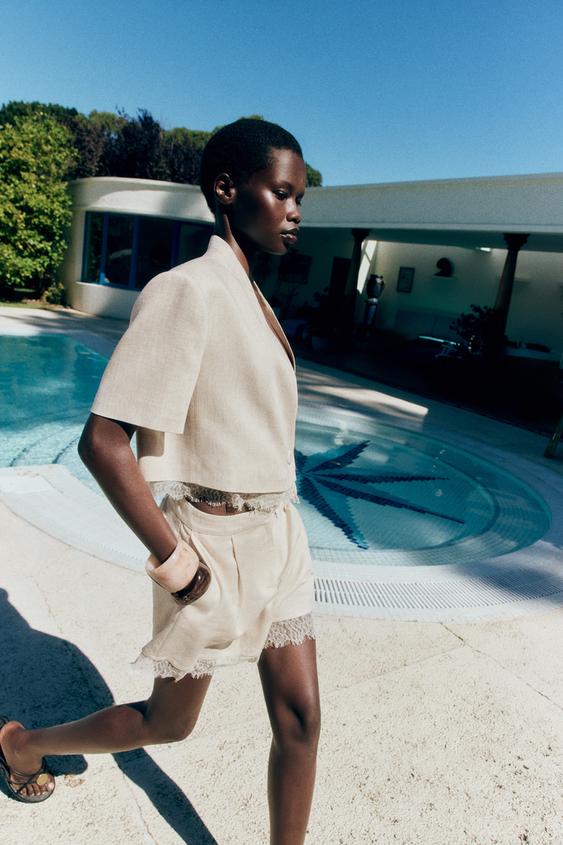 Zara KRATKI SAKO SA ČIPKANIM PORUBOM – svetlobež – Slika 0