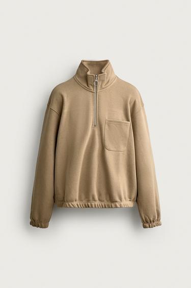 Zara QUARTER-ZIP POCKET SWEATSHIRT - taupe brown