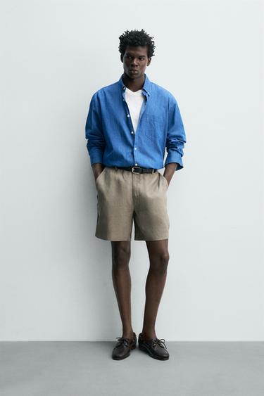 REGULAR FIT BERMUDASHORTS I 100% HØR - lys beig fra Zara