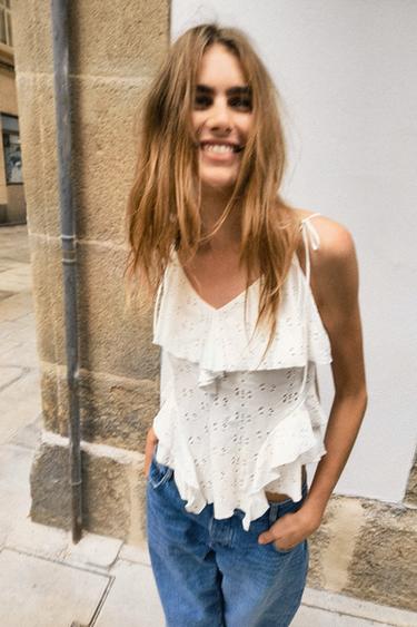 TOP À BRETELLES BRODERIE SUISSE - Blanc de Zara