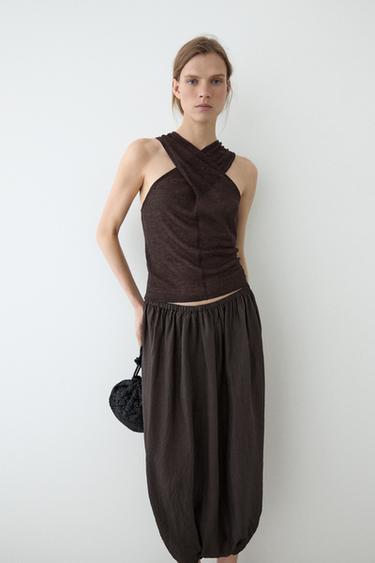 Zara Linen blend top with surplice neckline - brown vigore