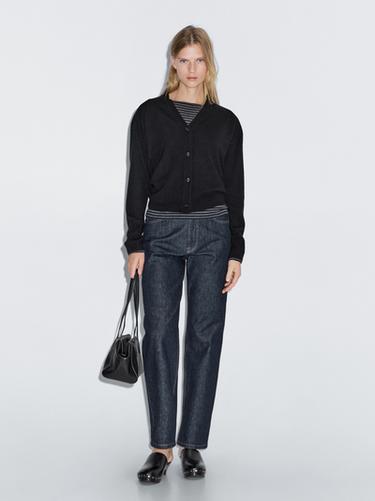 Cárdigan punto cuello pico mezcla lana - Negro de Zara