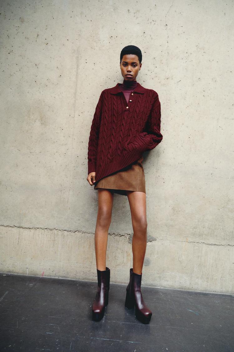 Cable Knit Sweater Zara Knit Sleeves CABLE-KNIT SWEATER Burgundy