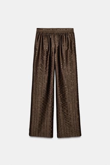 SEQUIN FLOWING TROUSERS - Brown by Zara