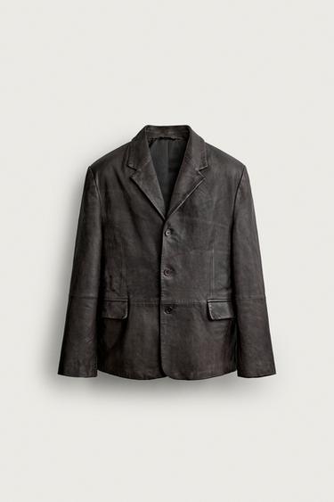 Zara 標準剪裁皮革西裝外套 - 斑紋灰色