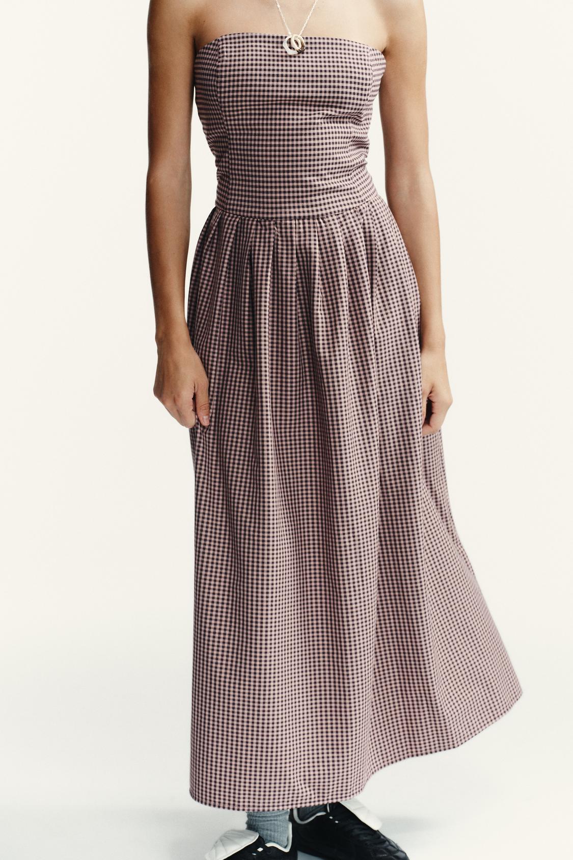 GINGHAM STRAPLESS MIDI DRESS