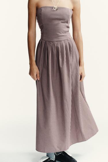 GINGHAM CHECK STRAPLESS MIDI DRESS - Dark pink by Zara - Image 2