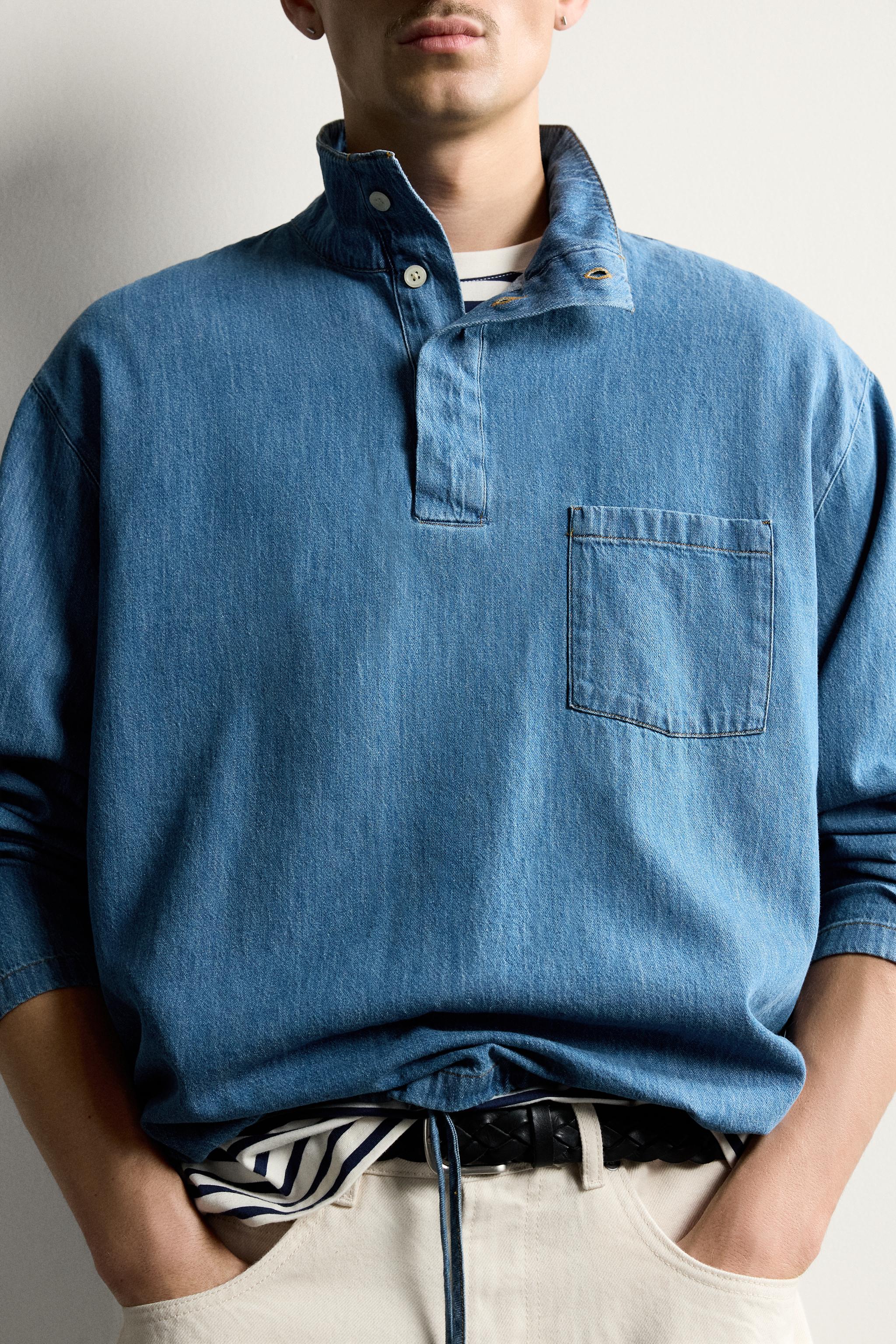 WASHED LIGHTWEIGHT DENIM POLO SHIRT
