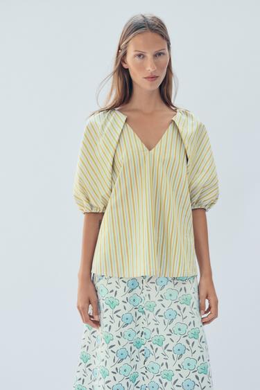 BLOUSE À RAYURES ET MANCHES BOUFFANTES ÉDITION LIMITÉE - Citron vert de Zara - Image 1