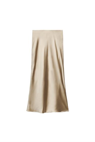 Front view of plain beige maxi skirt