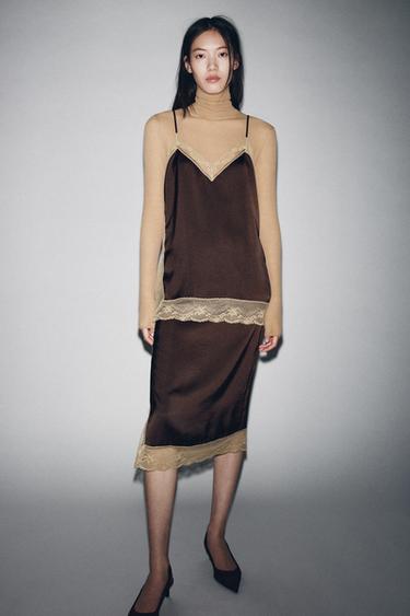 Zara LACE MIDI SKIRT ZW COLLECTION - Brown
