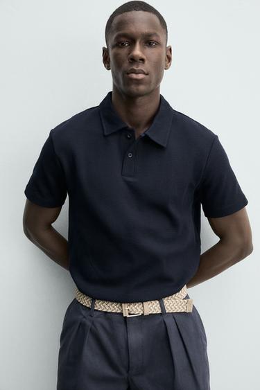 WAFFLE-KNIT TEXTURED POLO SHIRT - Navy blue by Zara - Image 4