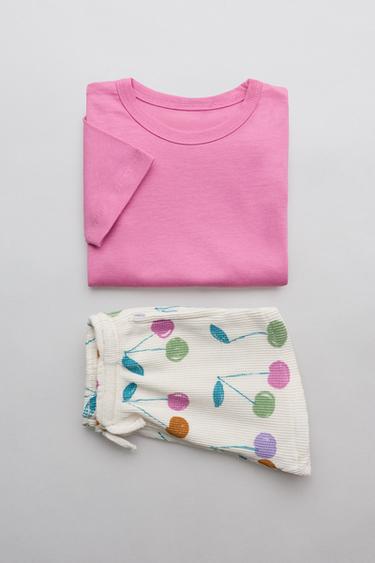 Zara SOLID T-SHIRT AND WAFFLE BERMUDA SHORTS SET - Fuchsia