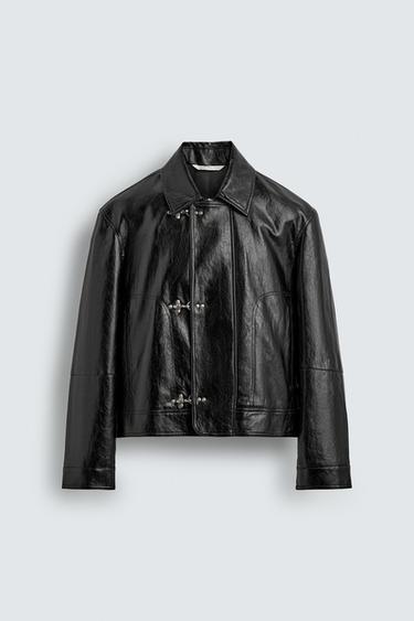 LEATHER EFFECT JACKET WITH FIREMAN CLASPS - Black by Zara