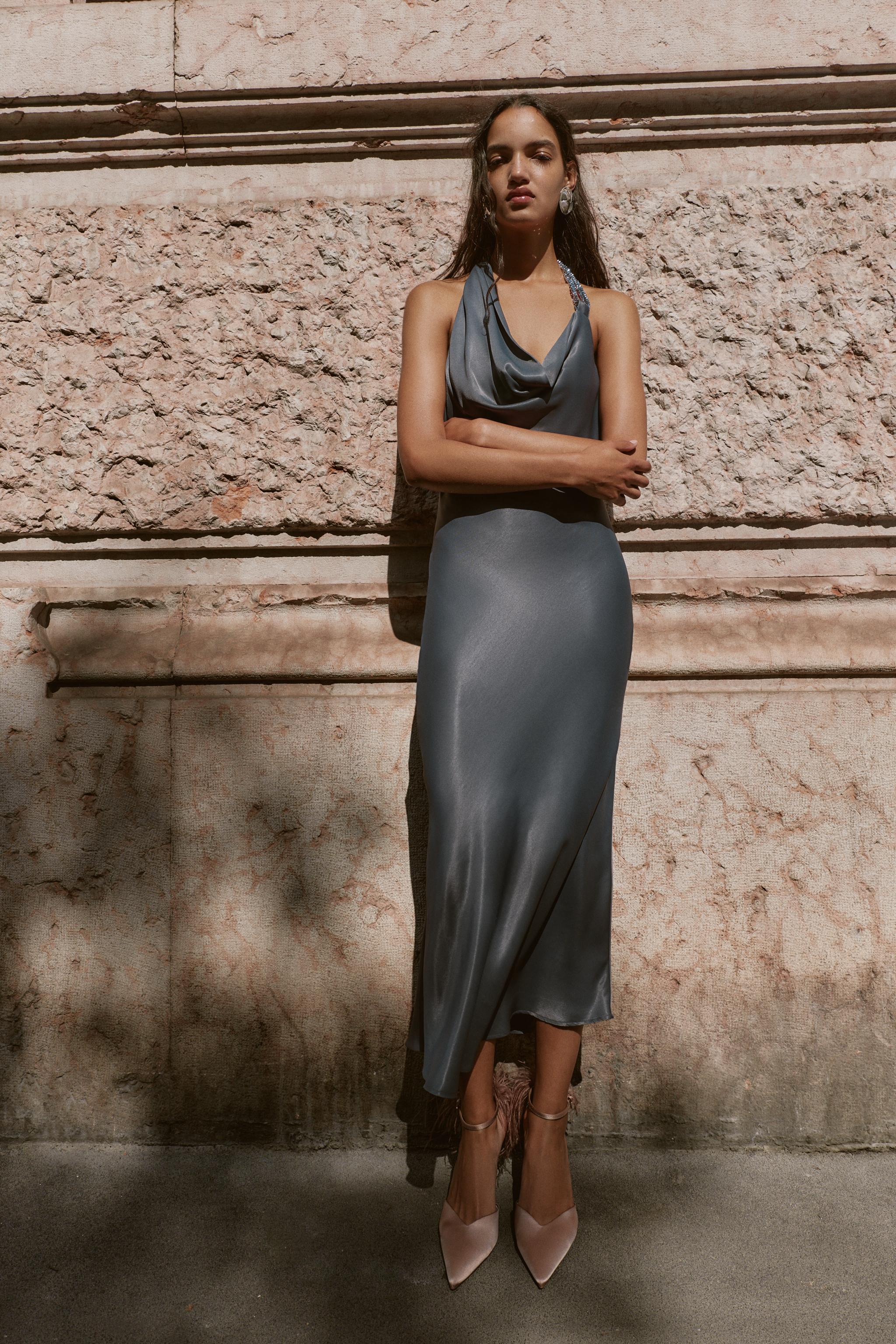 Green Zara Dress With Belt Black One-Shoulder Draped Midi Dress L Green Zara Dress With Belt Black One-Shoulder Draped Midi Dress L