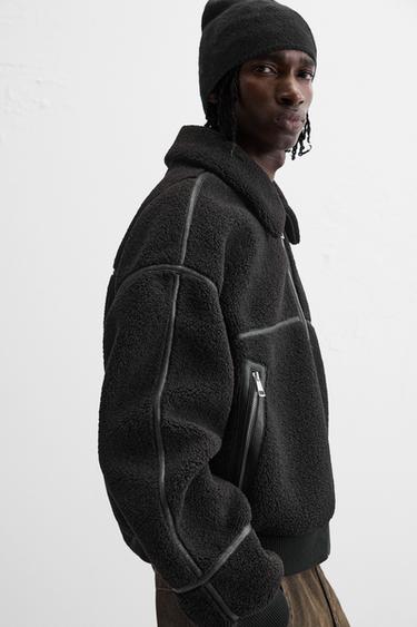 CONTRAST FAUX SHEARLING JACKET - Black by Zara