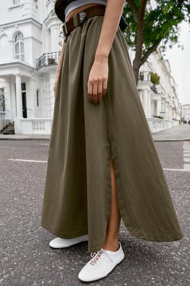Zara BELTED MIDI A-LINE SKIRT - Dark khaki