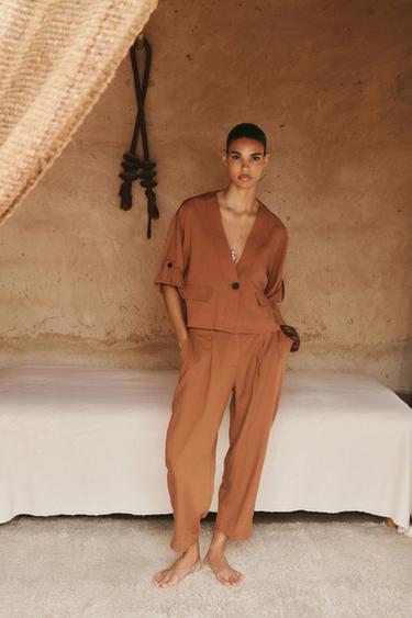 Zara PLEATED ELASTIC WAIST PANTS - Terracotta