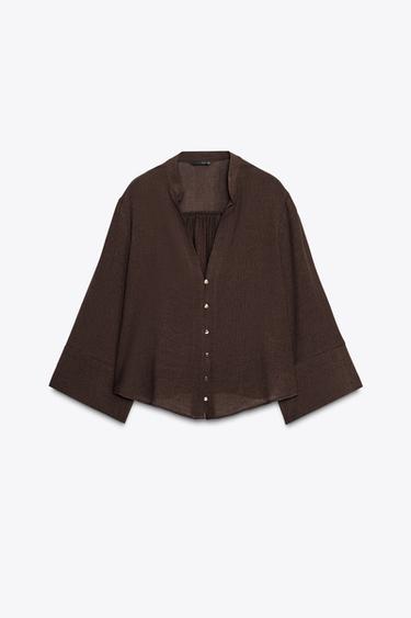 COTTON GAUZE BLOUSE - Brown by Zara