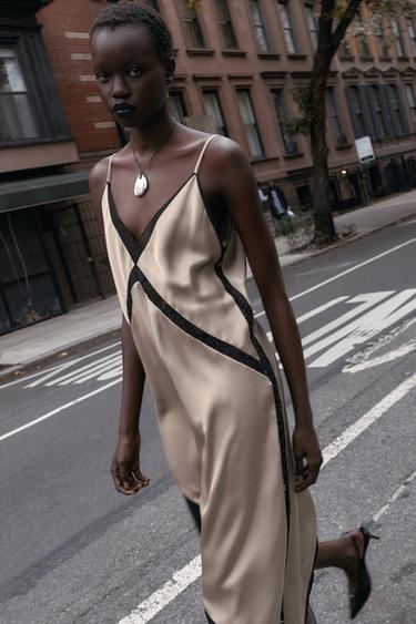 Zara ASYMMETRIC SATIN EFFECT MIDI DRESS - Soft gold