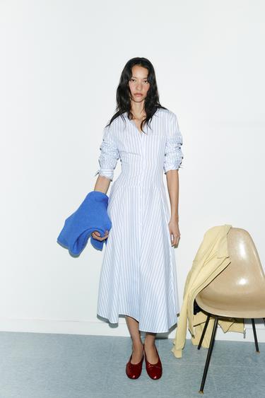 Zara STRIPED MIDI SHIRT DRESS - White / Turquoise