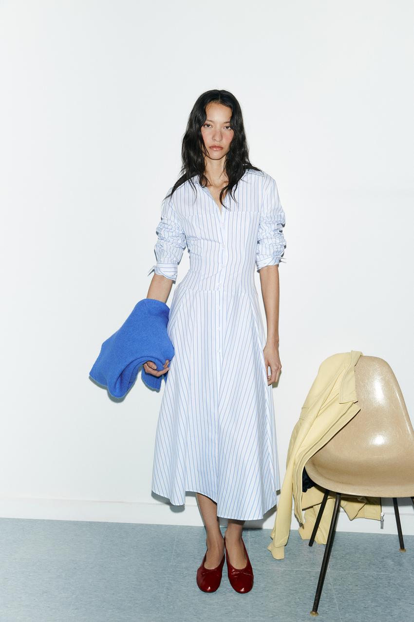 STRIPED MIDI SHIRT DRESS - White / Turquoise | ZARA United States STRIPED MIDI SHIRT DRESS - White / Turquoise | ZARA United States