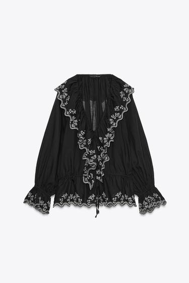Zara EMBROIDERED RUFFLED BLOUSE ZW COLLECTION - Black