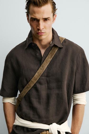 100% LINEN POLO SHIRT - Dark brown by Zara