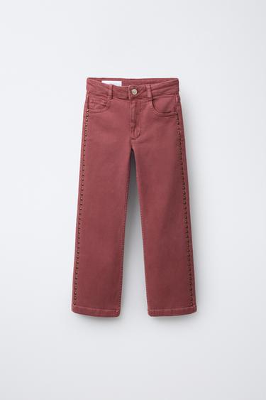 STUDDED FLARE JEANS - Red / Coral by Zara