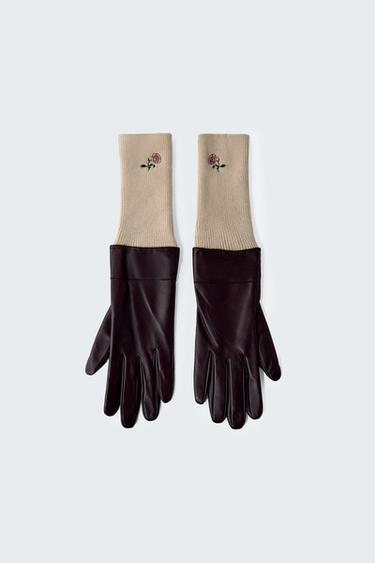 Zara CONTRASTING LEATHER GLOVES WITH FLORAL EMBROIDERY - Burgundy